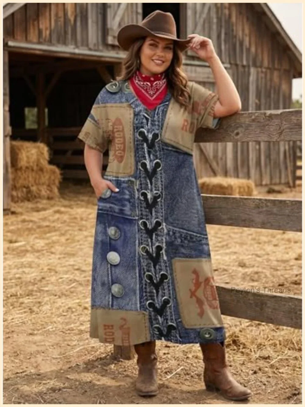 Plus Size Denim Print Maxi Dress V Neck Short Sleeve with Pockets - Picture 2 of 7
